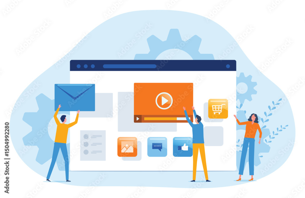 Poster web design and mobile application design process concept with designer and developer team collaboration working concept
