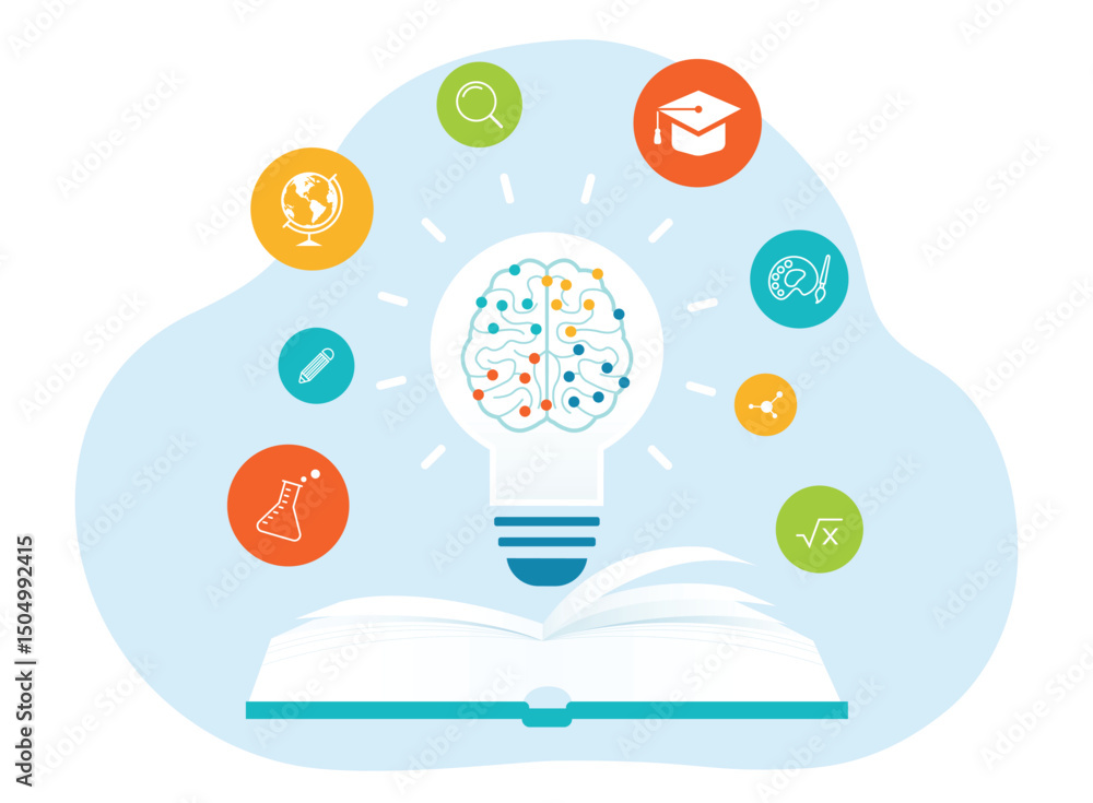 Poster flat vector illustration design  learning and education knowledge learning network concept. a light bulb with a brain network inside on a textbook.
