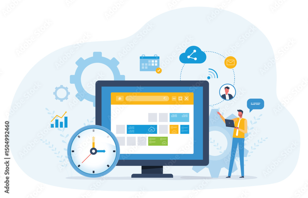 Aufkleber flat vector illustration design business planning concept and business people team working with digi