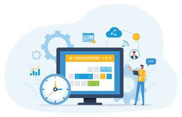 Flat vector illustration design Business planning concept and Business people team working with digital online calendar. online work schedule app connect concept
