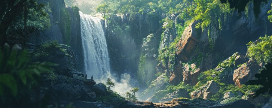 A massive waterfall cascading down rugged cliffs, surrounded by lush greenery.
