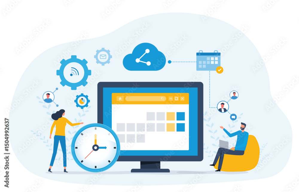 Poster flat vector illustration design business planning concept and business people team working with digi