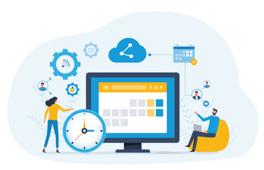Flat vector illustration design Business planning concept and Business people team working with digital online calendar. online work schedule app connect concept