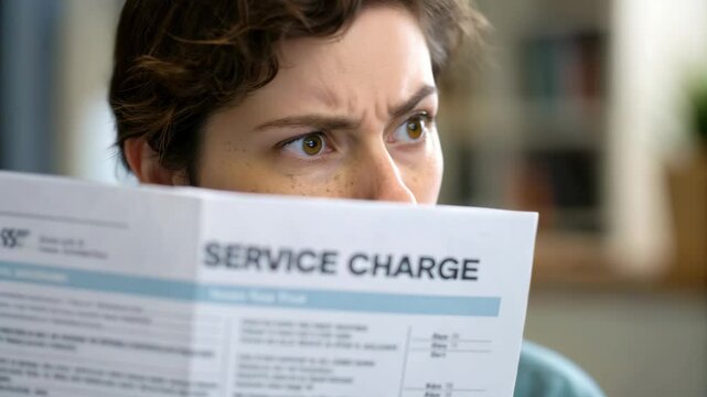 Citizen hidden tax concept. A person looks surprised and concerned while reading a document labeled "Service Charge."