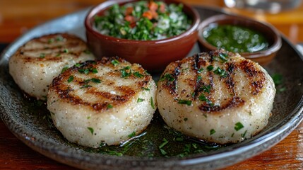 Three grilled patties on a plate, with sauces