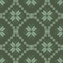 Traditional Ukrainian cross-stitch Detailed vector Illustration for textile printing design, on pixels green colors tones