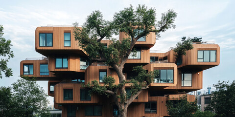 Fototapeta premium Stunning Wooden Architecture with Nature Integration