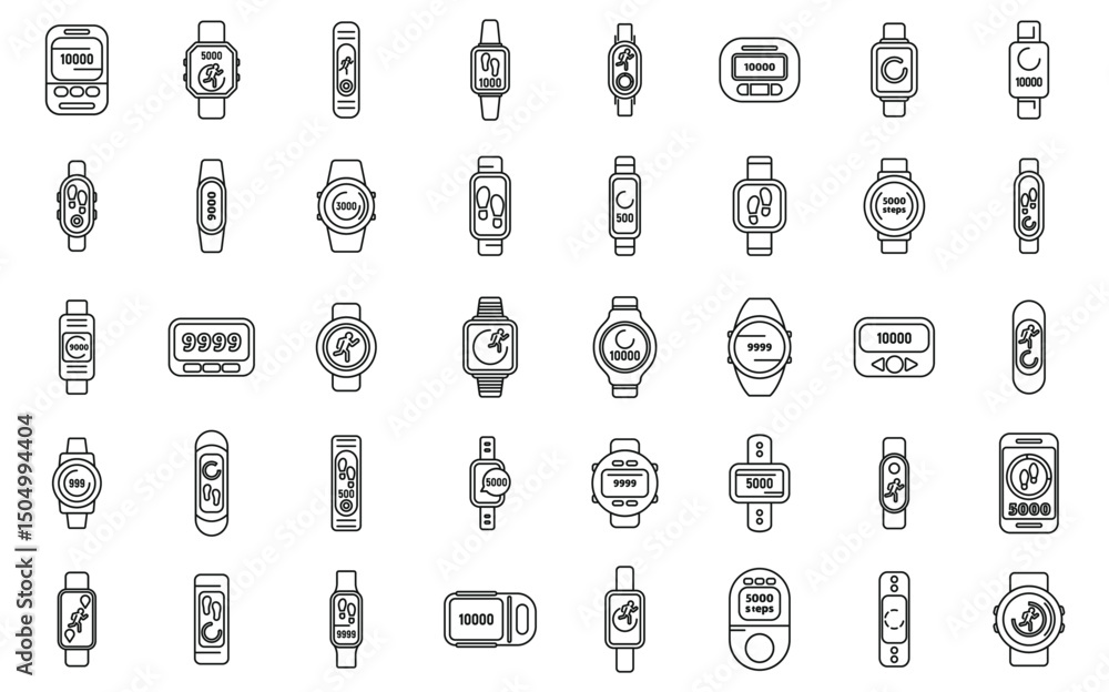 Poster assorted fitness trackers and smartwatches displaying step counts in outline style