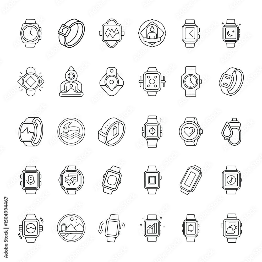 Poster collection of minimalist smartwatch icons depicting various functions and designs