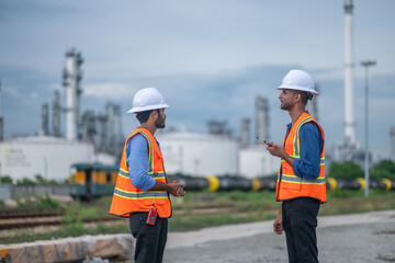 Engineers wearing safety gear, including hard hats examining survey tablet standing industrial...