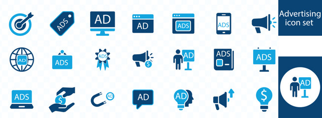 Advertising icon set. marketing, promotion, announcement, branding, campaign, Ad, billboard, banner and more..
