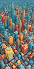 Fototapeta premium Vibrant, stylized cityscape with colorful, geometric skyscrapers forming a futuristic urban skyline.