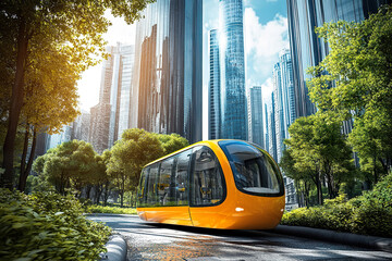 Obraz premium Futuristic orange tram in modern cityscape with tall glass skyscrapers