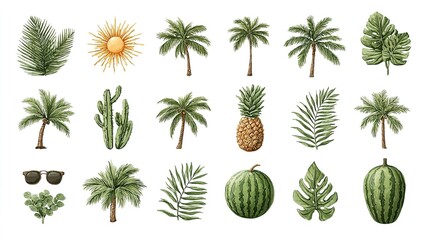 Fototapeta premium Tropical plant and fruit illustrations set.