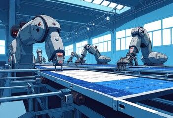 Robotic arms assembling photovoltaic cells on a solar-panel production line