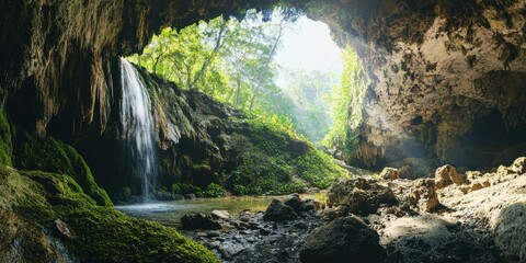 A mystical valley with a hidden waterfall and volcanic rock formations