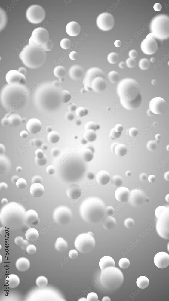 Poster white 3d balls random flying on bright vertical loop background.
