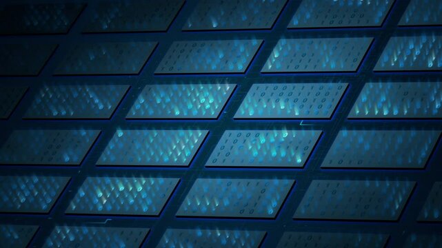 Binary Code Grid with Digital Tiles and Data Stream Effect for AI, Blockchain, or High-Tech Background, looped animation
