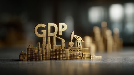 GDP Growth and Industrial Cityscape: A golden GDP acronym majestically stands over a miniature golden industrial cityscape, symbolizing economic growth and industrial progress. 