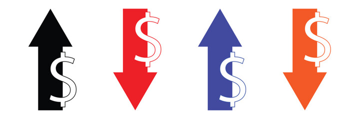 Dollar price up and down icon line style. Dollar coin graph up and down. Money cost arrow growth, decline. Dollar increase and decrease vector icons. Vector Illustration . EPS 20 . 