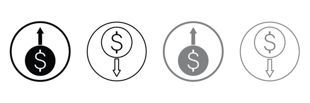 Dollar price up and down icon line style. Dollar coin graph up and down. Money cost arrow growth, decline. Dollar increase and decrease&nbsp;vector&nbsp;icons. Vector Illustration&nbsp;.&nbsp;EPS&nbsp;20&nbsp;. 