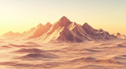 Naklejka premium Golden hour illuminates a majestic, snow-capped mountain range rising from a vast, undulating desert plain