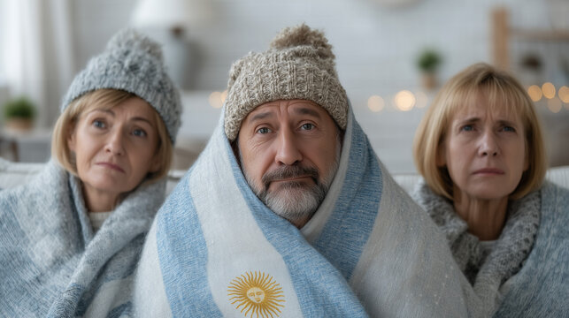 Frozen in Time: A Trio's Chilly Reality: Capture the moment, of three figures bundled up for warmth, wrapped in blankets, donning cozy hats.