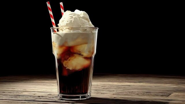 Creamy Black and White Soda in Rustic Setting
