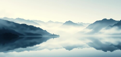 Obraz premium Misty mountain range reflected in still water, delicate brushstrokes, faded ink wash, sumi-e, brushstrokes