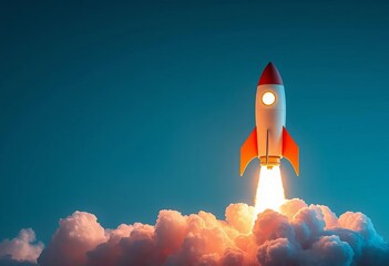 Naklejka premium Rocket launching with glowing lightbulb, symbolizing innovative startup success, power, goal
