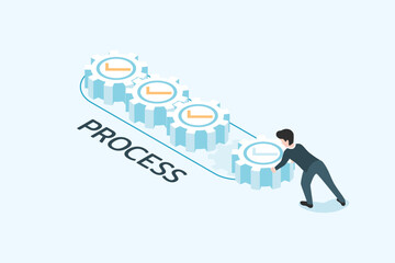 Process and workflows in business and industry. Business man pushing the gear into position. vector illustration isometric design.