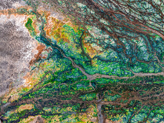 Aerial photograph of the river streams from rivers on dried up dam Liptovska Mara. Liptovsky Mikulas landspace, Slovakia