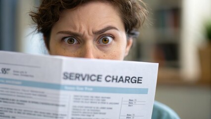 Citizen hidden tax concept. A person looks shocked while reading a bill labeled "SERVICE CHARGE.