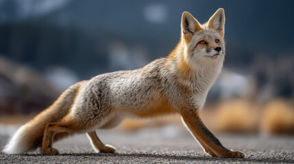 Fototapeta premium Fox's regal poise: A majestic fox, with vibrant orange fur and intelligent eyes, strikes a confident pose against a blurred natural backdrop. A captivating view of the fox's elegant demeanor.