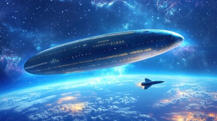Fototapeta premium Futuristic Spaceship Soaring Above Earth A Stunning View of a Giant Mothership and a Smaller Craft in Orbit Against a Starry Sky