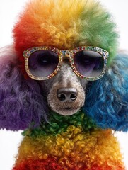 Pudel in Regenbogenfarben mit funkelnder Sonnenbrille vor blauem Hintergrund
