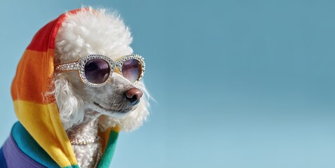 Weißer Pudel im Regenbogen-Hoodie mit Glitzer-Sonnenbrille vor blauem Hintergrund