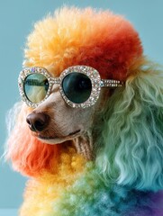 Pudel mit regenbogenfarbenem Lockenfell und Strassbesetzter Sonnenbrille vor pastellblauem Hintergrund