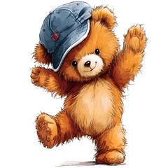 Cute teddy bear in baseball cap dancing joyfully with raised hand, white background, clean clipart style with no shadows or textures, high resolution digital airbrush illustration perfect for children