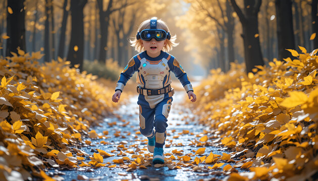 "A child in futuristic clothing running through golden leaves on an augmented reality trail"
- Powered by Adobe