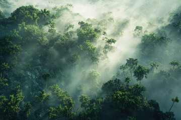 Misty rainforest canopy view