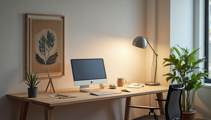 Desk setup with computer, plant, art and lamp