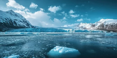 Gardinen A panoramic shot of an icy landscape where towering glaciers meet the sea © Soklin