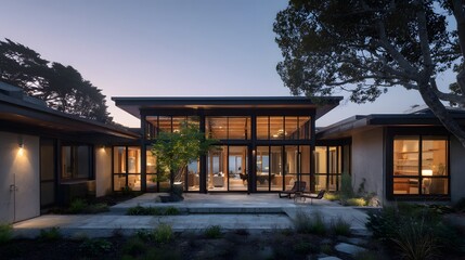 Contemporary house exterior illuminated at twilight with glowing warm interior lights shining through windows, showcasing minimalist architectural design and serene evening ambiance