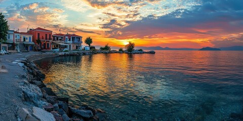 Obraz premium A panoramic sunset view of a Greek island, with the sea reflecting vibrant colors