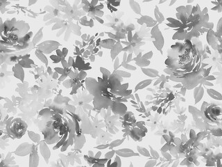Seamless monochrome pattern of abstract watercolor peonies, roses, and wildflowers. Hand-drawn, sophisticated botanical wallpaper. Watercolor floral textile design