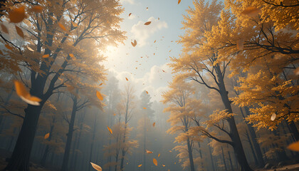 "Golden autumn leaves falling like code in a virtual forest simulation with an ethereal sky"

