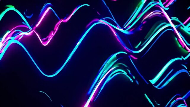 Bright neon lines oscillating in harmonic motion, creating a mesmerizing, rhythmic visual effect. Vibrant, fluid movements with glowing intensity, evoking energy and flow.