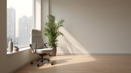 Minimalist office corner with ergonomic chair and green potted plant illuminated by natural window light, clean lines and modern interior design aesthetics for productivity and calm