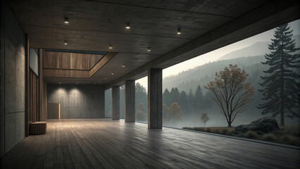 corridor of the old building, wooden bridge in the woods, Empty dark abstract concrete and wood smooth interior.